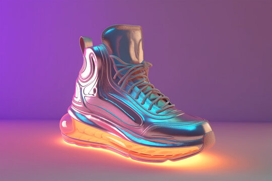Futuristic fashion original sneakers. Future design of stylish sport shoes with neon glow, futuristic urban aesthetics. Sportswear, style and fashion, tomorrow footwear. AI generated image