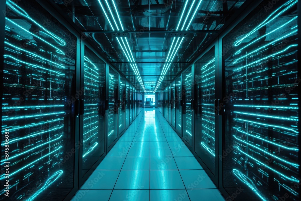 Aufkleber data center with rows of servers and blue lights. generative ai