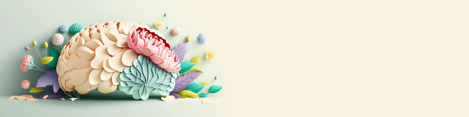 Human brain with spring colorful flowers. World Mental Health day banner. Concept of mental health, self care, happiness, harmony, positive thinking, creative mind. Generative ai.