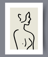 Portrait woman aesthetic contour wall art print. Contemporary decorative background with contour. Wall artwork for interior design. Printable minimal abstract woman poster.