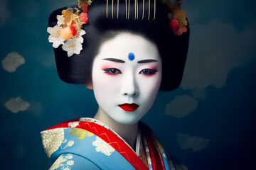 a young Japanese geisha in a vintage artist period style, with contemporary fashion and intricate face paint manipulation, is truly captivating. generative AI