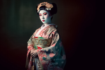 Fototapeta na wymiar a young Japanese geisha in a vintage artist period style, with contemporary fashion and intricate face paint manipulation, is truly captivating. generative AI