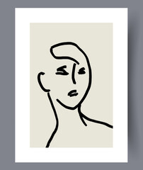 Portrait face minimalistic contour wall art print. Contemporary decorative background with contour. Wall artwork for interior design. Printable minimal abstract face poster.