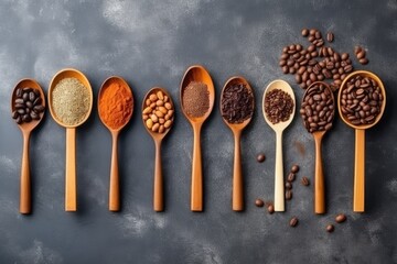 row of wooden spoons filled with different types of beans. Generative AI