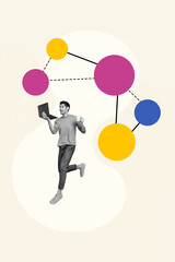 Vertical collage image of positive black white colors guy hold coffee cup use netbook isolated on painted background