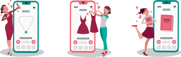 Set of cartoon characters of young women shopping online using mobile apps