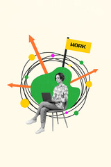 Vertical collage picture of black white colors girl sit chair use netbook work flag arrow pointers...
