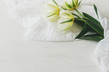 Beautiful white tulips with soft fabric on rustic wooden table with space for text. Happy Mothers day. Spring bouquet from garden. Womens day