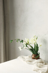 Beautiful white tulips and daffodils on wooden table against rustic wall. Happy Mothers day. Stylish simple spring bouquet in vintage vase, floral still life. Womens day. Space for text