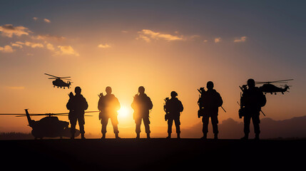Fototapeta na wymiar brave special force veterans military silhouettes on sunrise or sunset sky background, memorial and veteran day concept generative ai