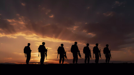 Fototapeta premium brave special force veterans military silhouettes on sunrise or sunset sky background, memorial and veteran day concept generative ai