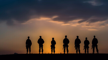 brave special force veterans military silhouettes on sunrise or sunset sky background, memorial and veteran day concept generative ai