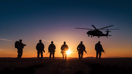 brave special force veterans military silhouettes on sunrise or sunset sky background, memorial and veteran day concept generative ai - obrazy, fototapety, plakaty