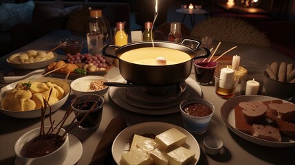 A fondue party with cheese and chocolate is a creative and delicious way to elevate your dining experience and impress your guests with unique and flavorful dishes. Generated by AI.