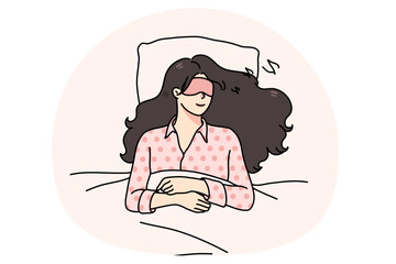 Calm young woman with eye mask lying relaxing in soft bed sleeping or taking nap. Relaxed millennial girl asleep in bedroom, see dreams at night. Relaxation and fatigue. Vector illustration.