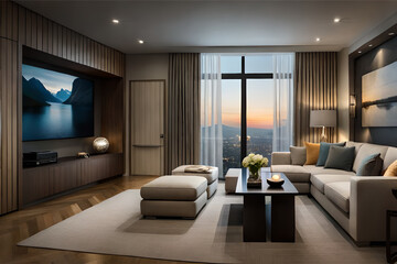 The interior design of a living room that's perfect for a movie lover, with comfortable seating and a large screen for watching films  | Generative AI
