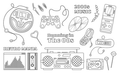 Retro 2000-2009 years objects in a line art, Y2K collection with old fashioned items, technology, text and decorations.