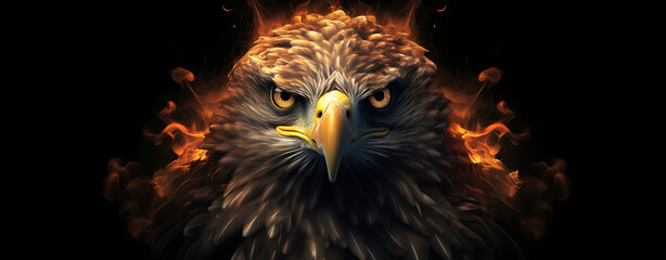 A front of bald eagle head burning fire background. Concept: fierce of the USA with copy space, Generative ai, 