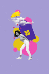 Vertical collage image of black white gamma girl arms hold drawing house sky clouds flower isolated...