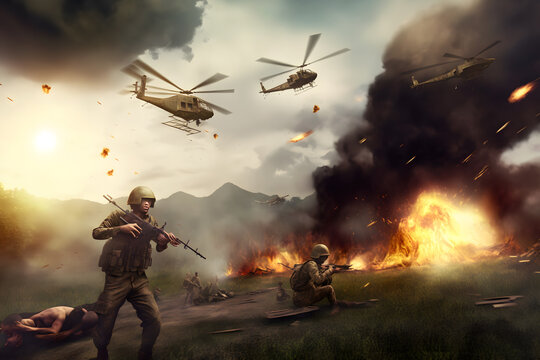 Vietnam war with helicopters and explosions. Neural network AI generated art