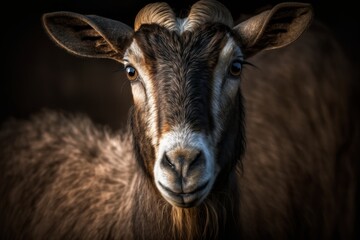 Portrait of a goat on a dark background, close-up. Generative AI