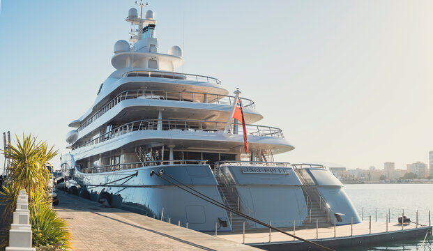 View on the Mayan Queen super Yacht built by Blohm and Voss. Moored in Malaga Marina