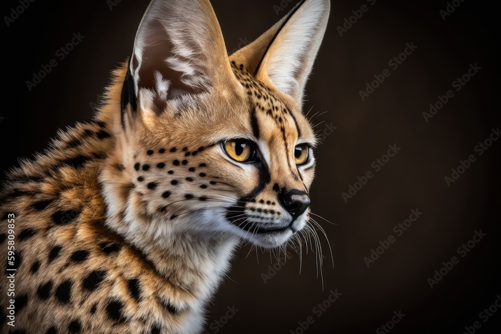 Poster portrait of a serval cat in front of a dark background, generative ai