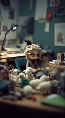 Cute Felt Man Working in the Office,created with Generative AI tecnology.