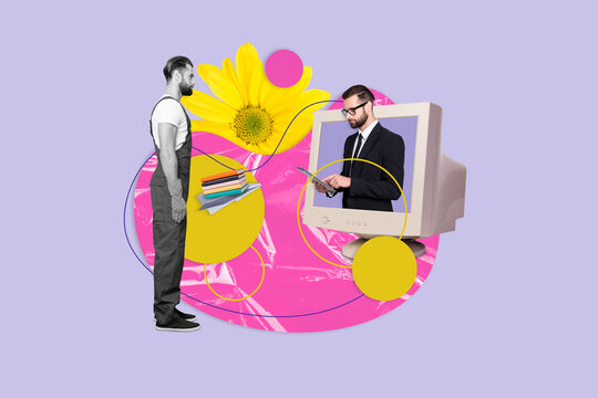Creative collage picture of black white gamma courier elegant man inside monitor display use tablet order book big flower isolated o purple background