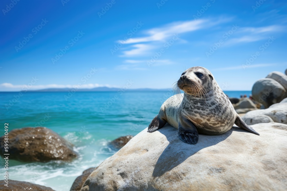 Poster adorable baby seal lounging on a rock, with a sparkling blue ocean and a bright. generative ai