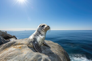 Adorable baby seal lounging on a rock, with a sparkling blue ocean and a bright. Generative AI