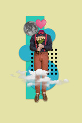 Vertical image 3d poster postcard collage of weird strange guy no face hold tulips date meeting...