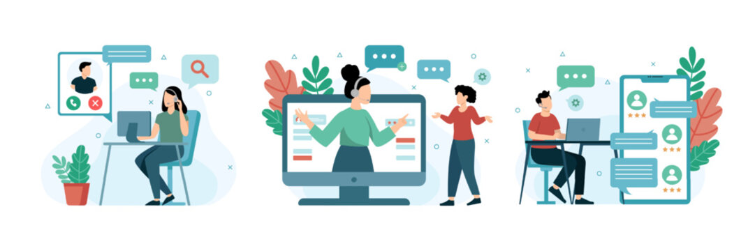 Set of cartoon characters of call center operators helping clients online