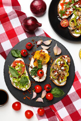 Toasts with tasty grilled vegetables, top view