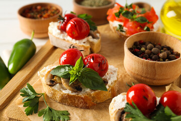 Toasts with tasty grilled vegetables, concept of delicious appetizer