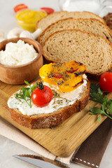 Toast with tasty grilled vegetables, concept of delicious appetizer