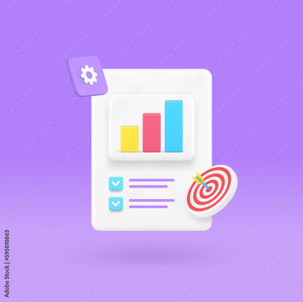 Poster business analyzing complete bar graph diagram checklist checkmark report 3d icon vector