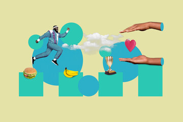 Picture 3d collage artwork sketch pinup pop image of happy afro guy running forward to dream goal overcome obstacles refusing fastfood