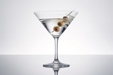 An Olive Martini Cocktail with bubbles on white background,  Created using generative AI tools.