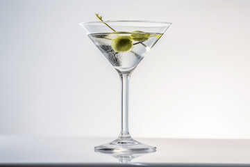 An Olive Martini Cocktail with bubbles on white background,  Created using generative AI tools.