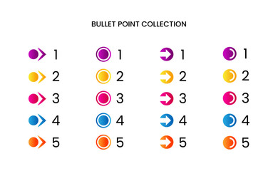 Colorful bullet point number collection with gradient free vector