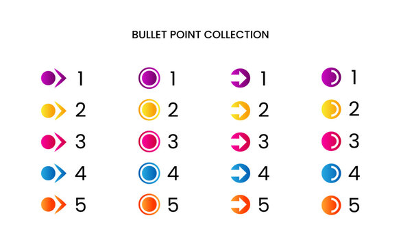 Colorful bullet point number collection with gradient free vector