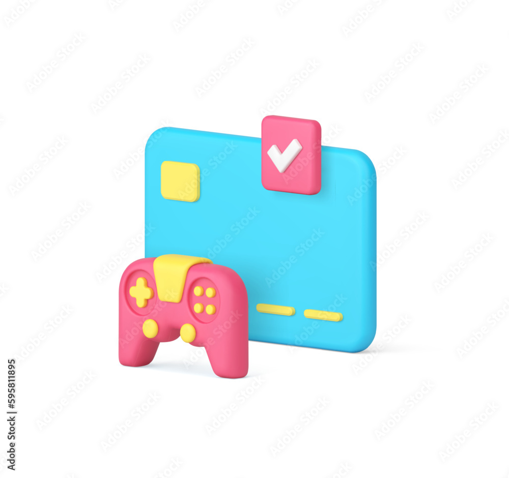 Poster virtual game card payment buying digital multimedia content gamepad console 3d icon realistic vector