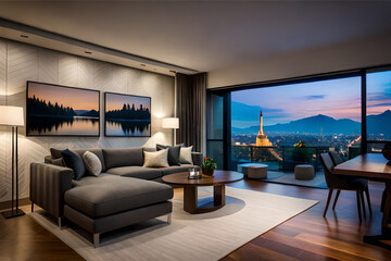 The interior design of a living room that's perfect for a movie lover, with comfortable seating and a large screen for watching films  | Generative AI