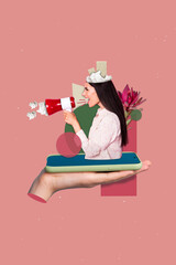 Poster image artwork 3d collage sketch of angry girl phone display hold toa announce breaking exclusive news isolated on drawing background