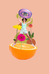 Collage 3d pinup pop sketch image of positive girl jump up rejoice summer vacation resort tropic country isolated painting background