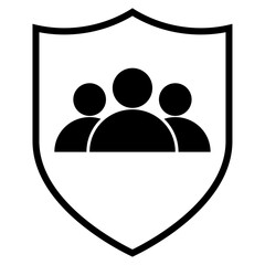 User protection icon, flat style black color shield sign with man, person symbol, profile avatar for account, customer, family guard idea, concept. Vector illustration with isolated background.