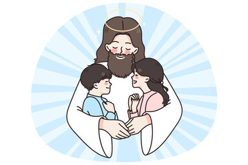 Jesus Christ hug cuddle small kids give love and care. Attentive father lord embrace little children share good emotions and help. Faith and religion concept. Flat vector illustration.