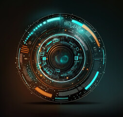 Futuristic abstract circular technology with digital hologram screen on black background created with generative AI