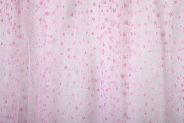 Fine mesh netting with fluffy pink stars fabric or material, suitable for baby background or wallpaper with graphic design or AI usage. Concept for other compositions